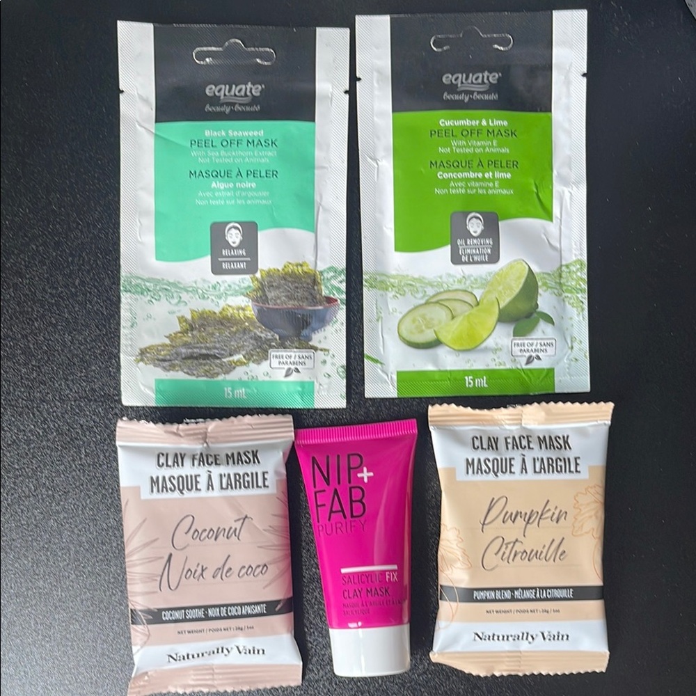 Equate Peel Off Mask and Naturally Vain Clay Face Mask 5 Piece Set